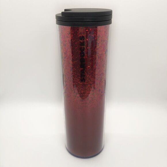 NEW Starbucks Red Glitter Sparkle Sealing Twist Lid Plastic Tumbler 16 fl oz - Picture 2 of 4